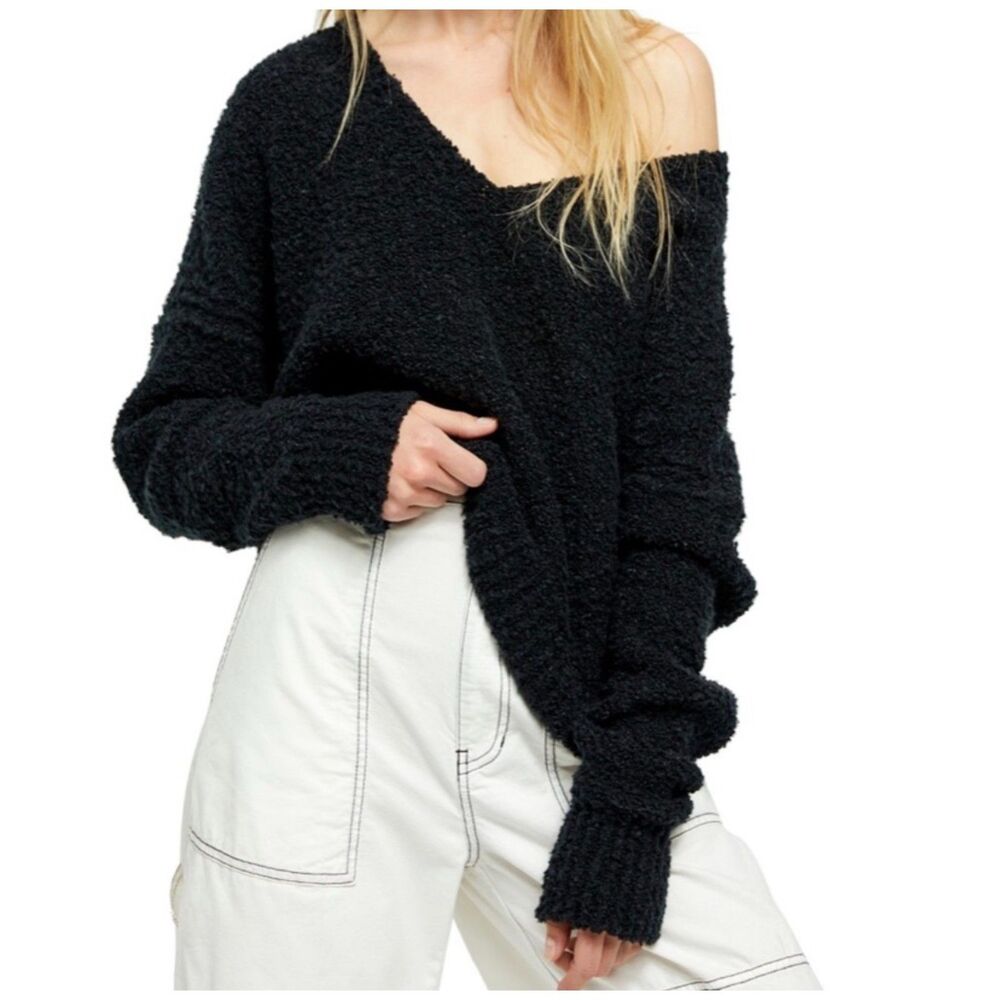 Free People Women's Black Finders Keepers V-Neck Slouchy Oversized Sweater XL